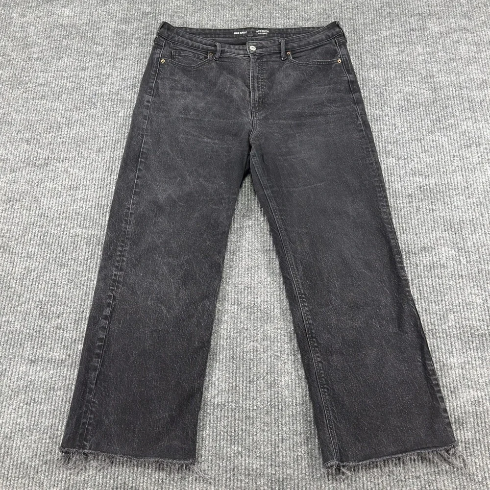 Old Navy Sky Hi Wide-Leg Jeans Womens 16 Charcoal Wash High‎ Rise Raw Hem Denim